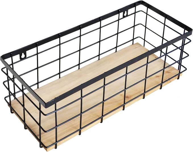 ShabbyDecor Farmhouse Metal Wire Basket for Kitchen Cabinets Pantry etc | Detachable Wood Base Storage Organizer for Kitchen Cabinets, Bathroom, Pantry, Laundry Room