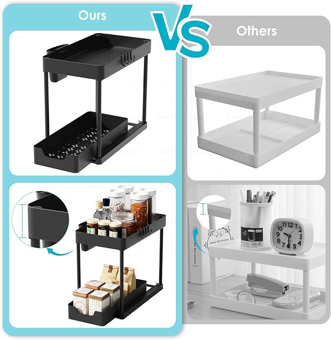 2 Pack Under Sink Organizer with Sliding Basket - 2 Tier Metal Cabinet Storage Shelf for Bathroom, Kitchen Sink - Adjustable Shelves, Space Saver,Black