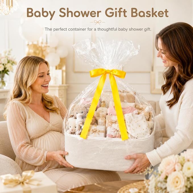 OIASKET Empty Cotton Rope Gift Basket with Handles, 15.4"x11.4"x6.7" Decorative Woven Storage Basket with Gift Bag and Ribbon Set for Baby Shower, Toy Organizer for Kids, Dogs & Cats - Medium White