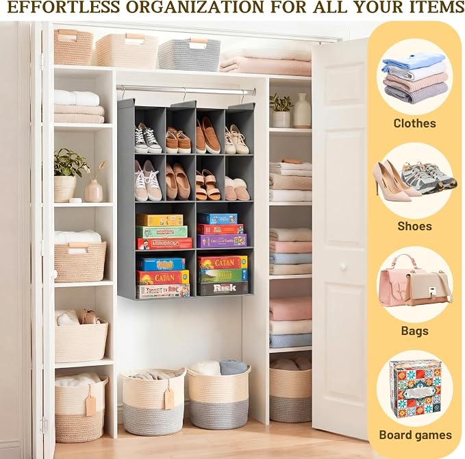 Ofiray-home 4 Tier Hanging Closet Organizer, 12 Compartments Sweater Organizer for Closet with 3 Sturdy Hooks, Closet Organizers and Storage, Wardrobe, Rv, Garment Rack, Grey