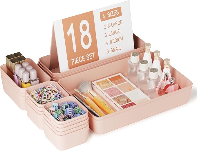 Drawer Organizers Bins 18 PCS for Bathroom Makeup Desk Office | with Non-slip Pads, 4 Sizes, Plastic Tray, Vanity Organizer, Kitchen Utensils Organizer