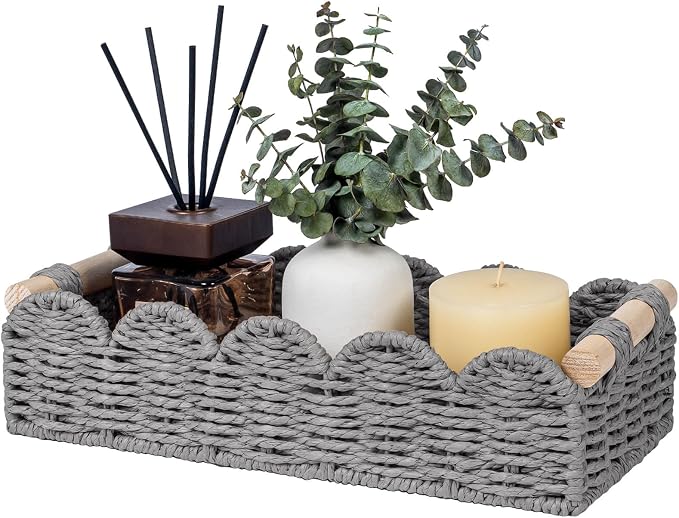 CubesLand Toilet Paper Storage Basket Organizer, Small Wicker Toilet Tank Top Decorative Baskets for Countertop, Handwoven Scalloped Basket w/handle for Home Decor, Living Room, Bedroom, Grey