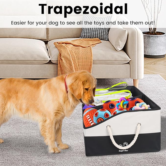 Large Dog Toy Basket with Handle, Foldable Dog Toy Box for Living Room Area , 28.5" Basket for Dog's Supplies, Organizer and Storage with Hard Board, Anti-Slip for Pet Toys (Black, Large 28.5"×15")