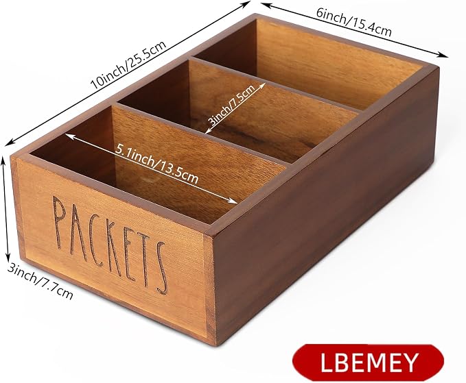 LBEMEY Packet Organizer, Acacia Wood Packet Storage Organizer with 3 Compartments,Farmhouse Kitchen Organization for Spice, Gravy, Taco, and Dressings Packets for Kitchen (Brown Label PACKETS)