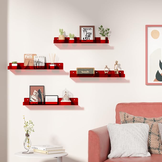 upsimples 4 Pcs 15" Acrylic Shelves for Wall Decor and Display, Red | Cute Floating Shelf for Perfume, Skincare, Nail Polish, Wall Organizer for Bedroom, Living Room, Playroom, Room Décor