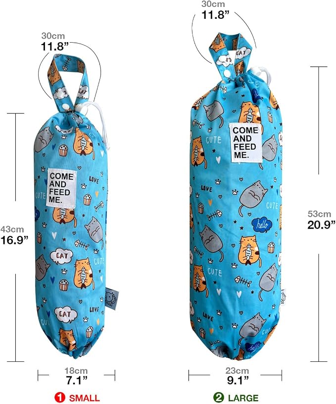 Waterproof Plastic Bag Holder Grocery Shopping Carrier Storage Kitchen Travel Camp Carrier Dispenser 2 Pack (Cute Cats)