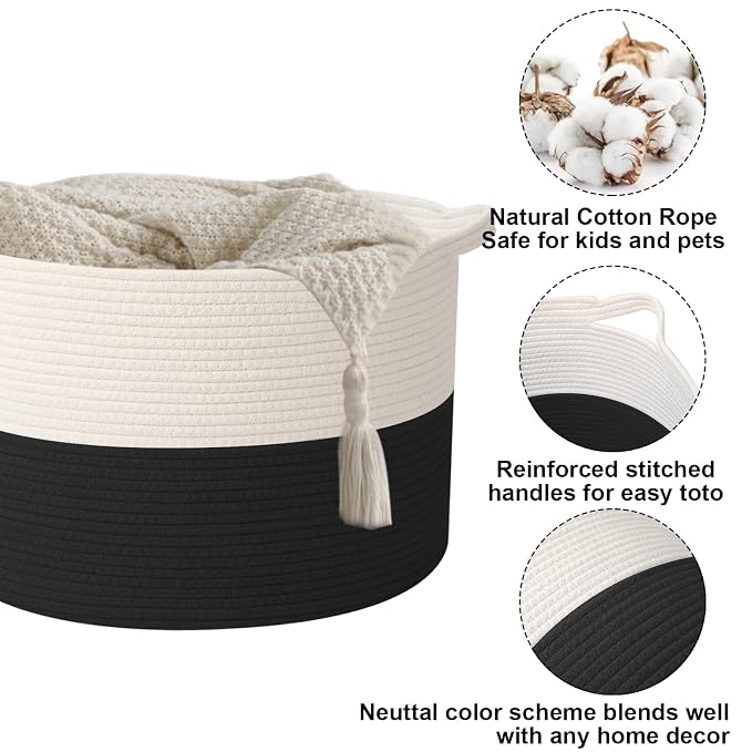 65L Large Blanket Basket,Woven Rope Laundry Basket Hamper with Handles,Decorative Nursery Basket Storage Bin for Toys, Pillows , Clothes Organizer, Living Room, Bedroom, Bathroom, White&Black