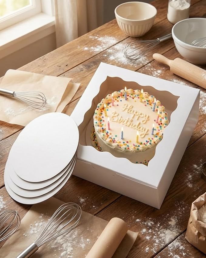qiqee White 8"x8"x5" Cake Box 36Pcs, 8" White Cake Round Boards 36Pcs, for Cake, Treat Cookie Dessert, Birthday Party