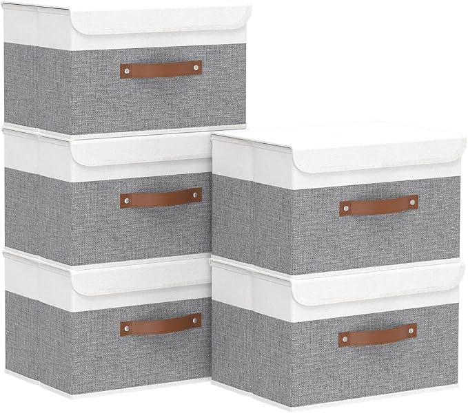 Yawinhe Collapsible Storage Bins, Stackable Boxes with Lids, Cube Clothes Organizer Basket with Handles for Home, Grey and White, 10.2x7.9x6.7 In, 5-Pack, SNK024WGN-5