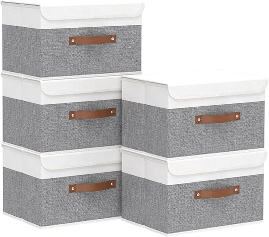 Yawinhe Collapsible Storage Bins, Stackable Boxes with Lids, Cube Clothes Organizer Basket with Handles for Home, Grey and White, 10.2x7.9x6.7 In, 5-Pack, SNK024WGN-5