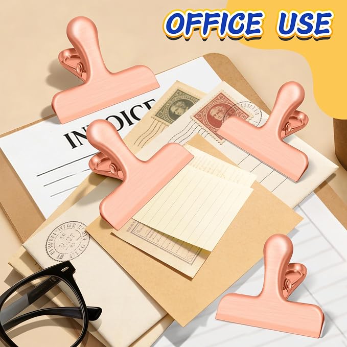 VNDUEEY 12 Pack Stainless Steel Chip Bag Clips, Chip Clips for Food Bags, Air Tight Seal Bag Clip for Snack, Heavy Duty Clip for Office and Kitchen - 3 Inches, Rose Gold