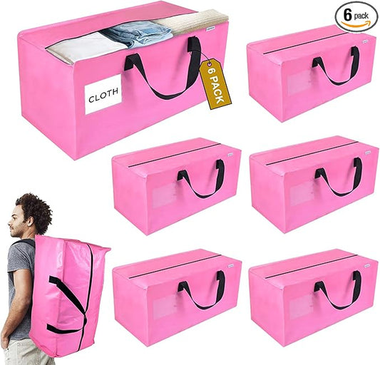 6 Pack Extra Large Moving Bags with Zippers, Backpack Straps & Reinforced Handles, Heavy Duty Storage Bags for Clothes, Moving, Space Saving, Pink