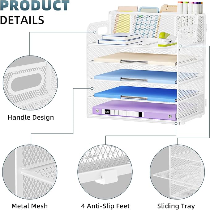 Marbrasse 5 Tier Paper Organizer Letter Tray, Mesh Desk File Organizer with Handle, Paper Sorter Desk Organizer for Home Office Supplies - White, with 3 Pen Holders