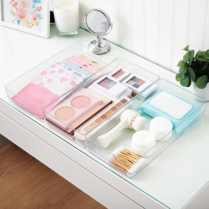 STORi SimpleSort 3-Piece Stackable Clear Drawer Organizer, 12" x 6" x 2" | Rectangle Trays, Wide Makeup Vanity Storage Bins, Office Desk Drawer Dividers, Made in USA