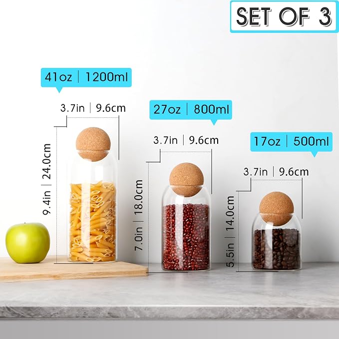 NUTRIUPS Storage Glass Jar Set Food Storage Tank With Wooden Lid 500 ML,800ML,1200ML