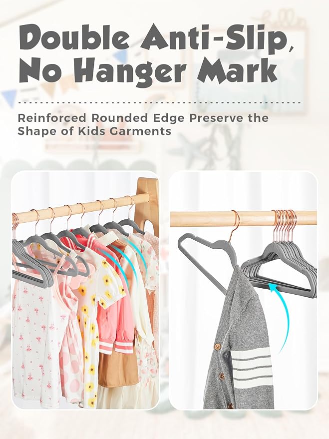 Smartor Kids Velvet Hangers 50 Pack, 14 Inch Premium Non Slip Kids Felt Hangers for Closet, Space Saving Toddler Clothes Hanger for Youth's Childrens' Clothes (Rose Gold Hook)- Grey