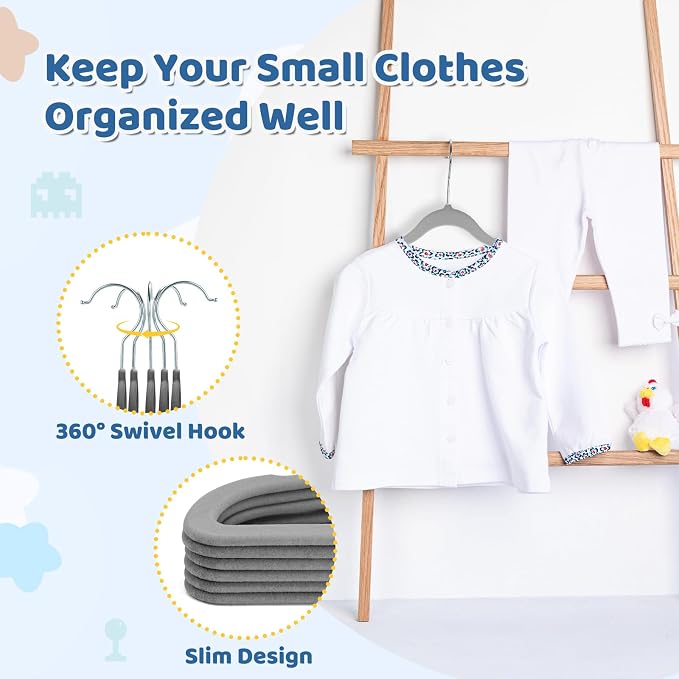 Smartor Premium 11 Inch Baby Hangers 50 Pack, Kids Velvet Hanger, Non Slip | Grey Space Saving Felt Hangers Clothes Organizers for Closet with 360° Swivel Hook for Children, Infant & Toddler