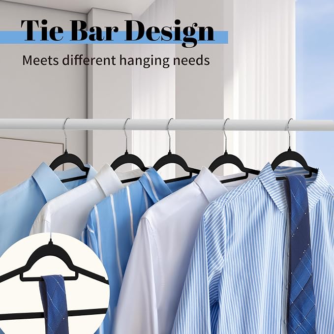 Smartor Black Velvet Hangers 20 Pack, Space Saving Clothes Hangers with Tie Bar, Non-Slip Felt Hanger with Shoulder Notches, Heavy Duty Suit Hanger for Coat, Shirt, Pants, Dress | Non-slip Felt, Shoulder Notches and 360° Hooks Keep Suits, Dresses and P...