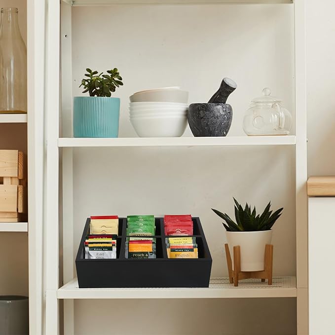 Tea Bag Box Black 6 Compartments Tea Organizer Storage Wood Drawer Station | Tea Bag Holder Large Sugar Packet Holder Coffee Bar Station Sweeteners Condiment Organizer Tea Bag Organizer Caddy