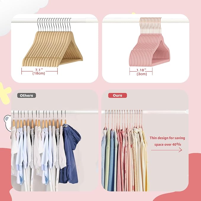 Baby Velvet Hangers, 32 Packs Kids Clothes Hangers, Non-Slip Childrens Hangers with Shoulder Notches, Storage Organizer for Infant and Toddler, 11 Inch, 0.2 Inch Slim, Rose Gold Hook, Pink