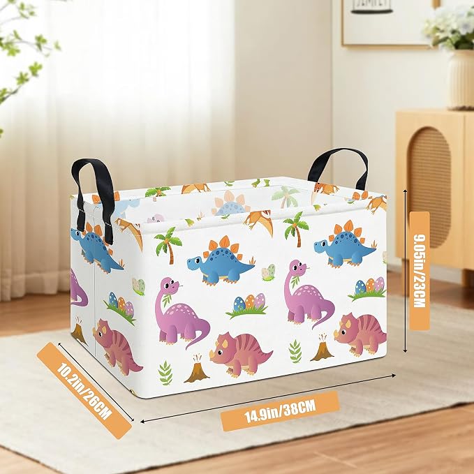 Rectangular Collapsible Cute Dinosaur Storage Basket Toy Organizer | Storage Bin Foldable Canvas with Handles for Organizing Home Kitchen Children Toys Office Closet Shelf Baskets