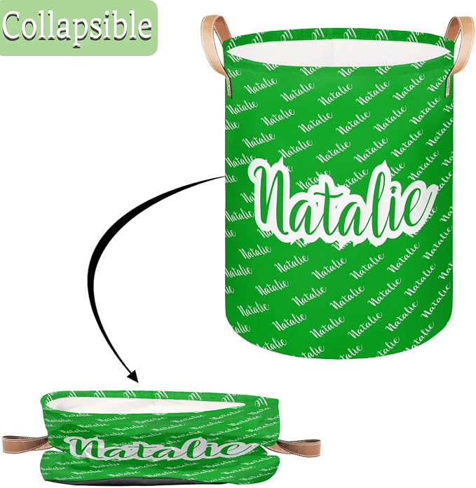 Personalized Laundry Basket, Custom Gift Laundry Hamper, Collapsible Nursery Waterproof Laundry Baskets, Dirty Clothes Toy Hamper with Handles Name Green