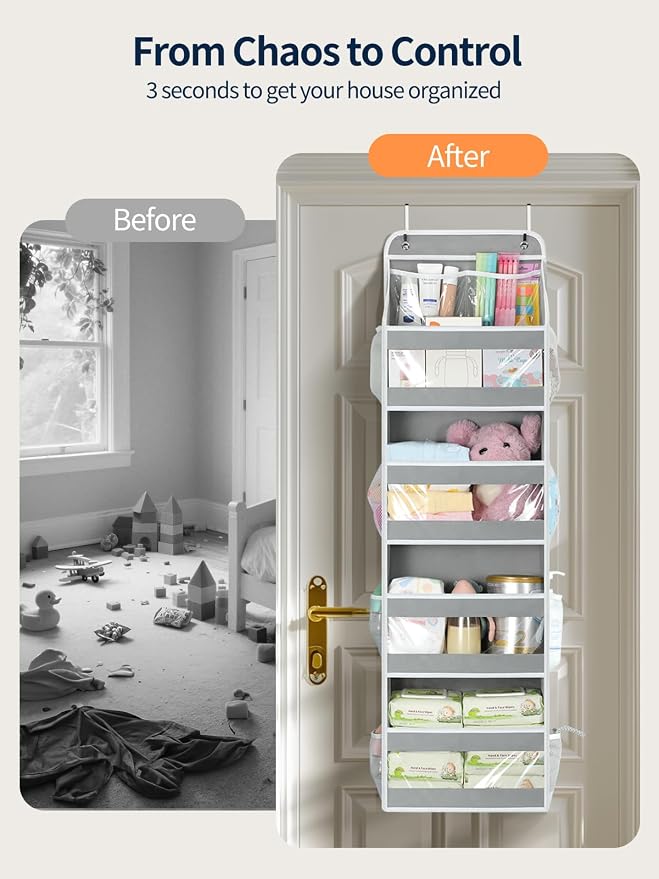 Yecaye 5 Tier Over the Door Organizer, Swing-proof Door Organizer Hanging with Clear PVC Windows, Behind the Door Storage for Bedroom Nursery Closet Laundry Pantry Bathroom, Grey