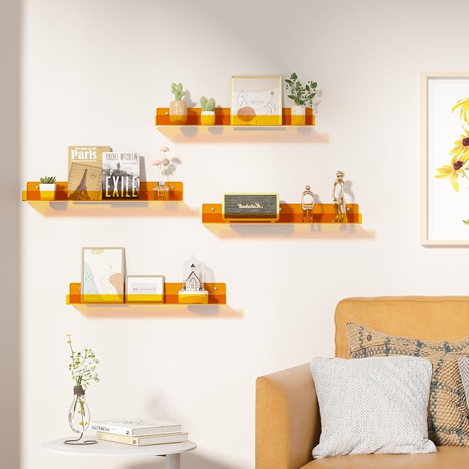 upsimples 4 Pcs 15" Acrylic Shelves for Wall Decor and Display, Orange | Cute Floating Shelf for Perfume, Skincare, Nail Polish, Wall Organizer for Bedroom, Living Room, Playroom, Room Décor