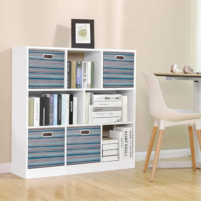 Cloth Storage Bins Set of 4 Thick Fabric Drawers Foldable Cubes Basket Organizer Container with Dual Metal Handles for Shelf Cabinet Bookcase Boxes Gray-Blue Stripes 13x13x13 inch
