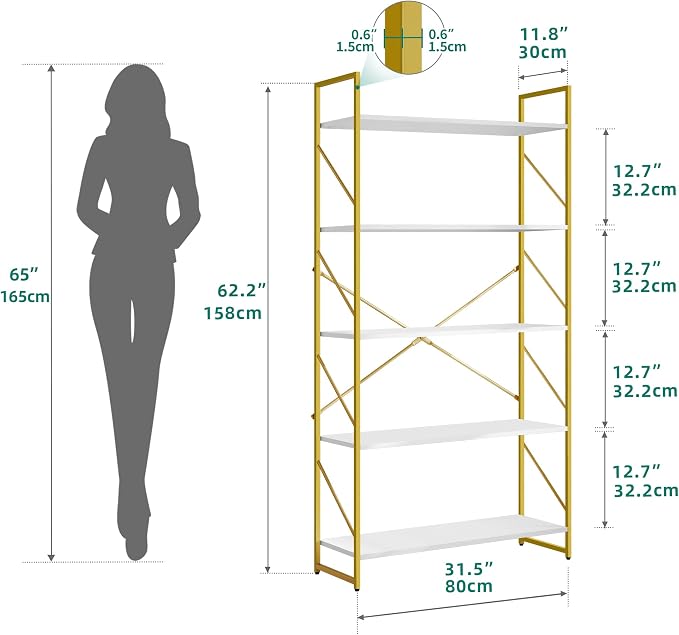 YITAHOME 5 Tiers Gold Bookshelf, Modern Wide Bookcase, Large Book Rack, Storage Rack Shelves in Bedroom/Living Room/Home/Office, Books Holder Organizer for Books, Gold