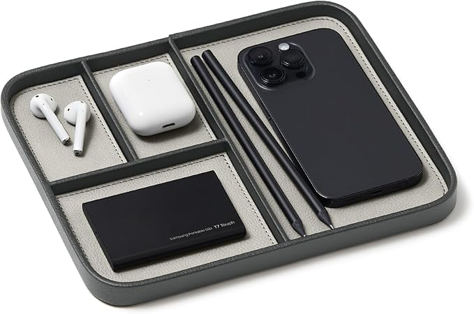 Nordik Leather Valet Tray - Sahara Gray - 9.5 x 7.9 Inch Medium Vegan Leather Tray - Stylish Nightstand Organizer for Men - Modern Bedside Caddy - EDC Catchall for Key Watch Wallet Jewellery