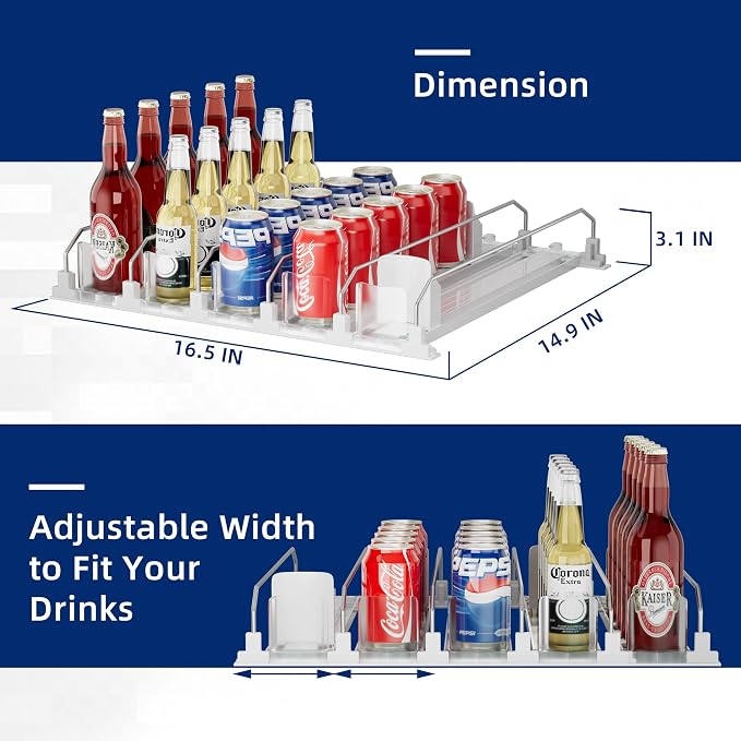 Drinks Organizer for Fridge and Pantry, Soda Can and Bottle Dispenser for Refrigerator with Automatic Pusher Glide, 5 Rows Holds Up to 25 Cans