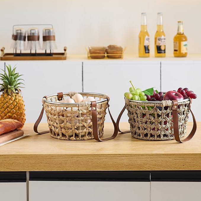 Farmhouse Wicker Egg Basket for Collecting Fresh Eggs, Round Storage Basket with Handle, Brown, Sea Grass