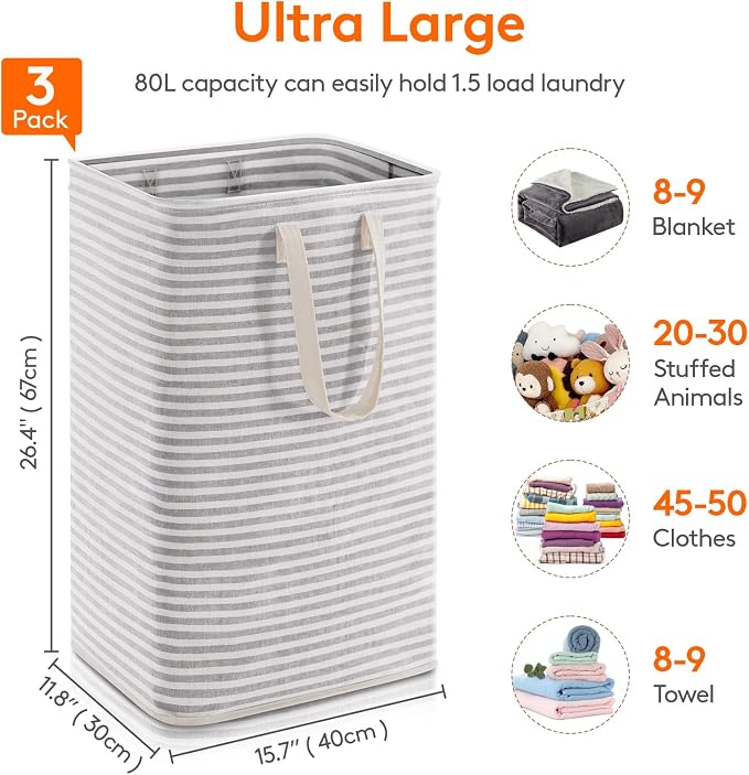 Lifewit 3 Pack Laundry Basket 80L Each, Collapsible Clothes Hamper with Reinforced Handles, Freestanding Waterproof Design for Bedroom and Laundry Room, Grey 240L Total