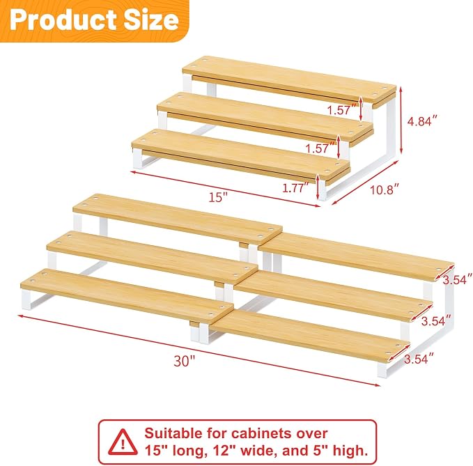 Expandable Can Organizer for Pantry, 3-Tier Adjustable Bamboo & Iron Can Rack for Cabinets, Easy-Access Storage for Canned Goods, Holds Up to 30 Soda & Soup Cans, White