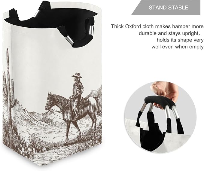 Ink Sketch Of Cowboy Riding Through Desert Large Laundry Hamper Basket, Collapsible Laundry Bag Storage Bins Baskets with Handles for Laundry, Bedroom, Home Decor
