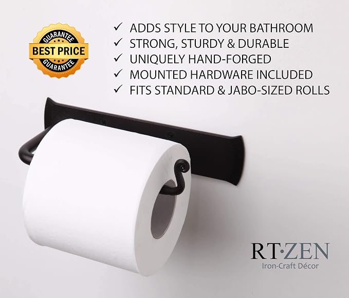 RTZEN Bathroom Toilet Paper Holder - Handcrafted Rustic Wrought Iron Wall Decor Toilet Roll Holder - Black Matte Wall Mount Bar for Modern Farmhouse Bathroom Decor