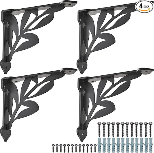 SELEWARE Heavy Duty Shelf Brackets 10 Inch, Branch Shelves Brackets, 300LB Capacity Decorative Metal L Brackets for Floating Shelves, Black Rustic Wall Mount Shelving Bracket with Screws, 4 Pack