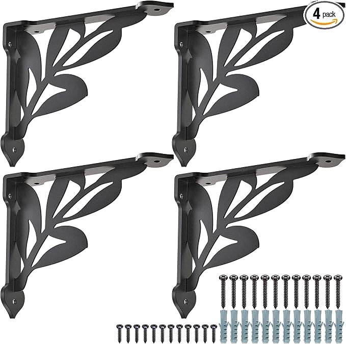 SELEWARE Heavy Duty Shelf Brackets 8 Inch, Branch Shelves Brackets, 300LB Capacity Decorative Metal L Brackets for Floating Shelves, Black Rustic Wall Mount Shelving Bracket with Screws, 4 Pack