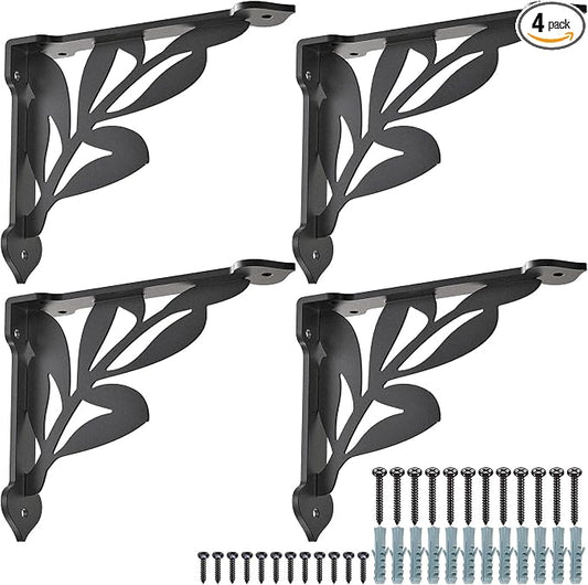SELEWARE Heavy Duty Shelf Brackets 8 Inch, Branch Shelves Brackets, 300LB Capacity Decorative Metal L Brackets for Floating Shelves, Black Rustic Wall Mount Shelving Bracket with Screws, 4 Pack