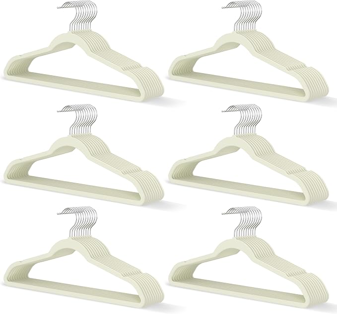 Ivory Velvet Hangers 60 Pack, Slim Space Saving Suit Hangers for Closet Organizer, Rotating Silver Hook, Non Slip Clothes Felt Hanger Heavy Duty for Coat,Shirt, Pants, Camisole, Dress