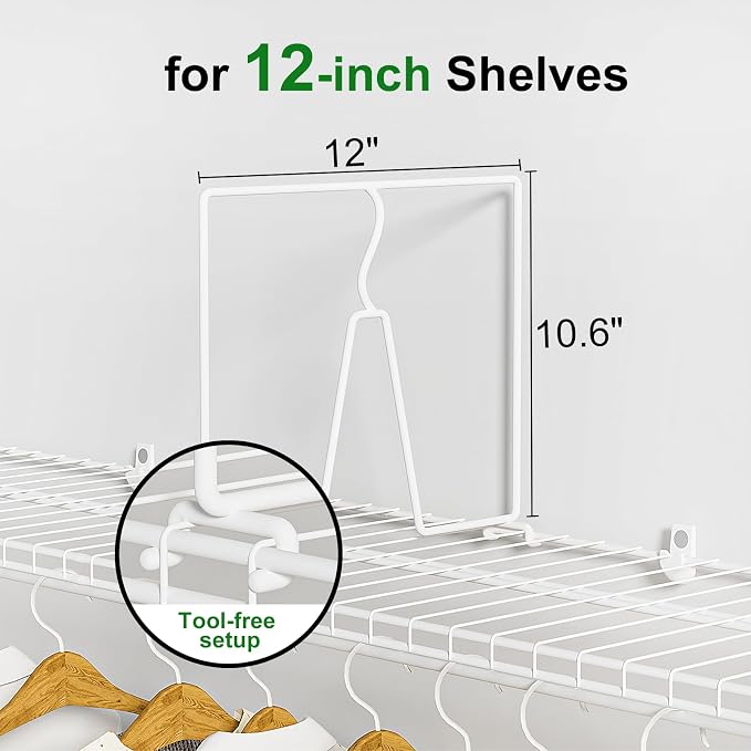 SortNStore Wire Shelf Dividers for Closet: Tall 12 Pack 12-inch Deep Wire Rack Accessories - Adjustable Purse Organizer for Clothes Handbags - Metal Pantry Separators