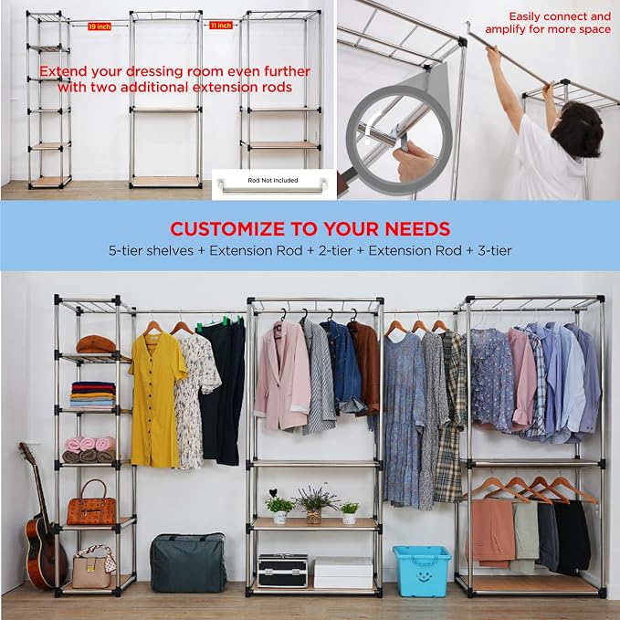 Letusto Premium Stainless Steel Freestanding Closet Organizer System - Easy Assembly, Durable, and Versatile - Heavy Duty Adjustable Portable Wardrobe Clothing Rack (5 Tier)