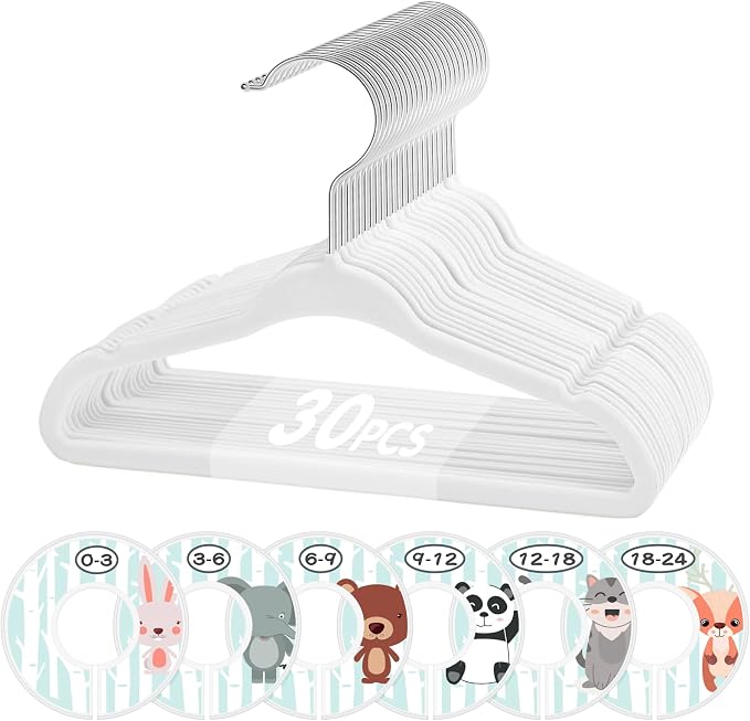 VIS'V Velvet Baby Hangers with 6 Pcs Size Dividers, 11 Inch, White, 30 Pcs | Compact Size, Non Slip, Infant Toddler Nursery Closet Organization