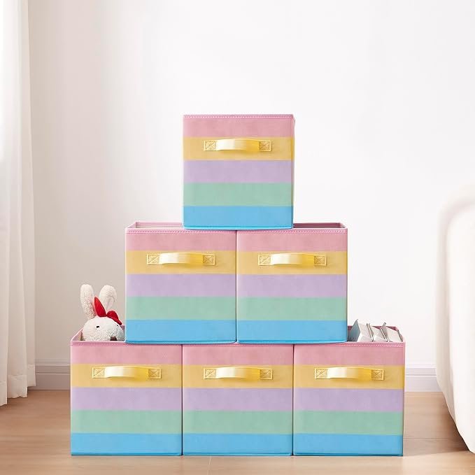 11 Inch Fabric Collapsible Storage Cubes,6 Pack Rainbow Colored Closet Storage Bins with 2 Handles Foldable Cube Baskets for Organizing Clothes, Toys, Books