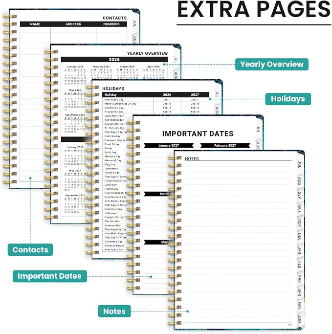 Planner 2026-2027, Hardcover Monthly and Weekly Academic Planner July 2026 - June 2027, Teacher and Student Calendar Agenda Book with Tabs, A5 (6.3" x 8.5"), Ideal for School and Office, Floral Planner, Coastal Contours