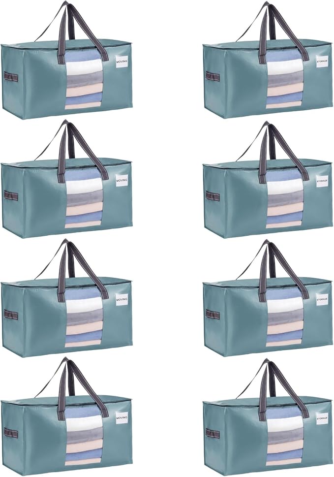 VENO 8 Pack Heavy Duty Moving Bags, Clothes and Comforter Storage Bags with Clear Window, College Dorm Essentials Packing Supplies, Foldable Boxes Alternative (Shiny Light Blue, 8 Pack)