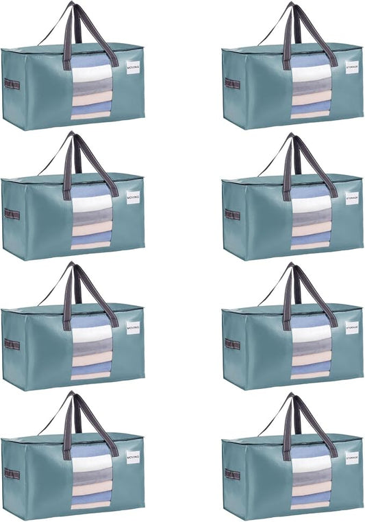 VENO 8 Pack Heavy Duty Moving Bags, Clothes and Comforter Storage Bags with Clear Window, College Dorm Essentials Packing Supplies, Foldable Boxes Alternative (Shiny Light Blue, 8 Pack)