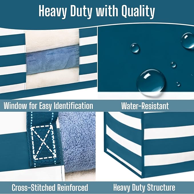 VENO 4 Pack Heavy Duty Moving Bags, Clothes and Comforter Storage Bags with Clear Window, College Dorm Essentials Packing Supplies, Foldable Boxes Alternative (Classic Navy Stripe, 4 Pack)