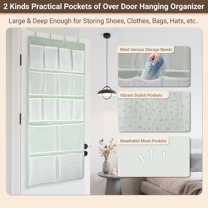 16 Pockets- Over Door Hanging Storage Organizer with 4 Kinds Pouch,Behind Closet Hanging Shelf Holder for Sock,Hat,Underwear,Travel Outfit,Shoes,Back of Door Space-saving Organization for Home,Dorm,RV
